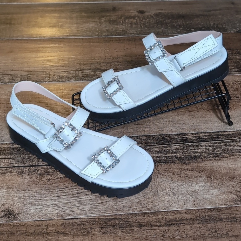 Schutz Ruth Embellished Leather Flatform Slingback Sandals Size 8.0 In White 1.5